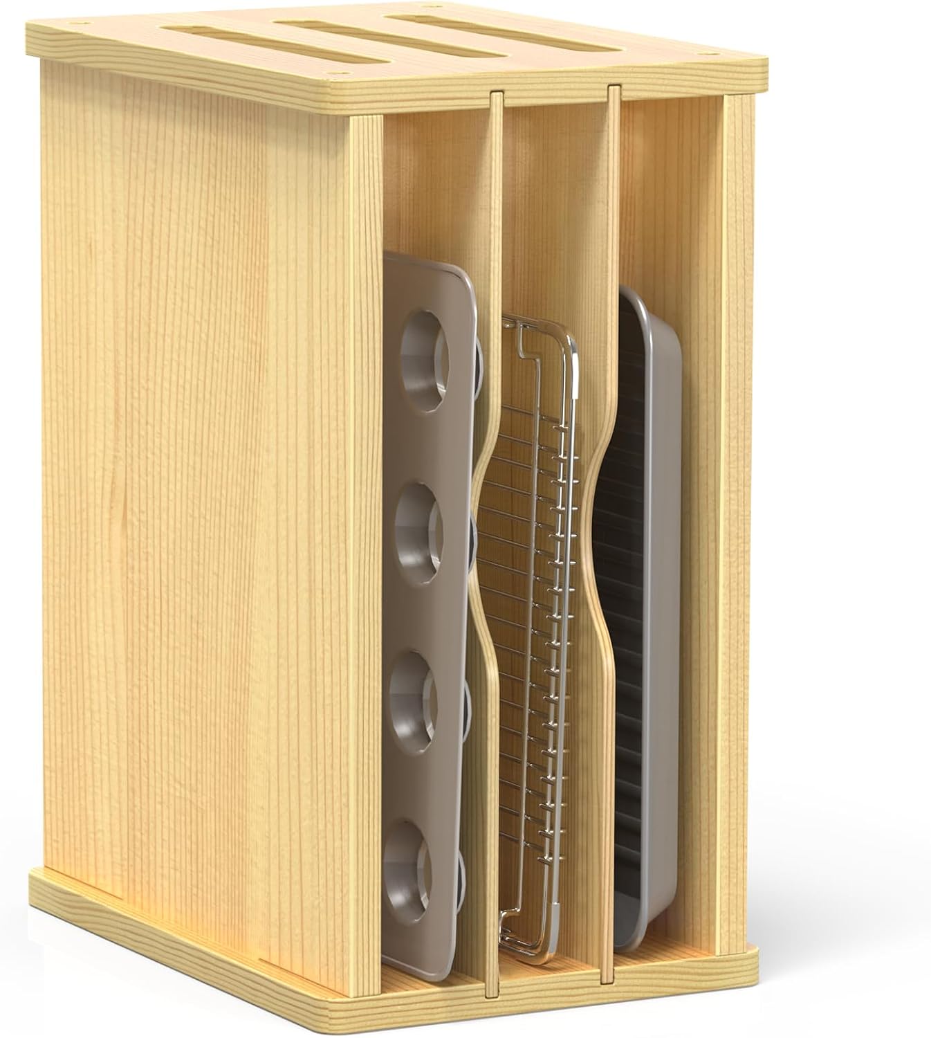 Kitchen Cabinet Baking Sheet Organizer - 4 Tier Wooden Tray Dividers for